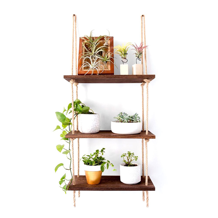 Bamboo Wood Hanging Shelf Wall Swing Storage Shelves 3 Tier Jute Rope Organizer Hanging Wood Shelf Rope Tier