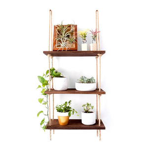 Bamboo Wood Hanging Shelf Wall Swing Storage Shelves 3 Tier Jute Rope Organizer Hanging Wood Shelf Rope Tier