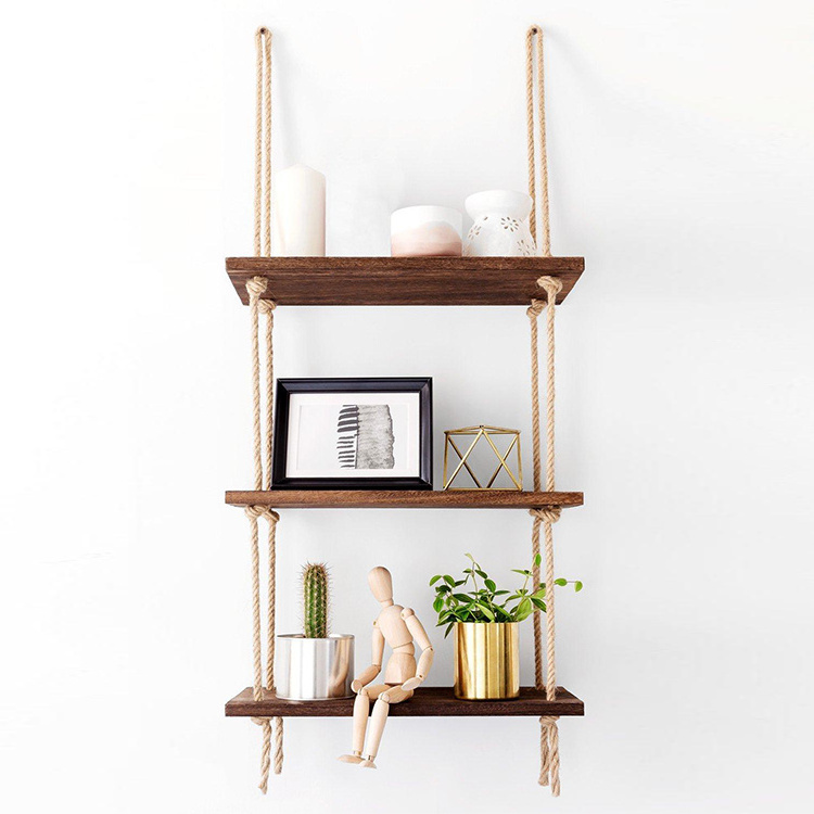 Bamboo Wood Hanging Shelf Wall Swing Storage Shelves 3 Tier Jute Rope Organizer Hanging Wood Shelf Rope Tier