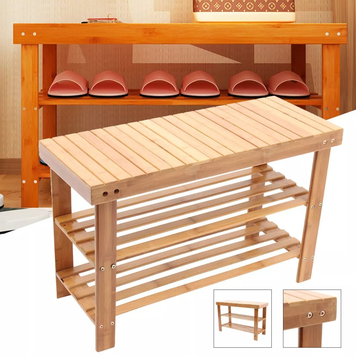 Custom Extendable Bamboo Shoe Cabinet Storage Bench Rack With 3 Shelves,Ideal For Hall,Bathroom,Living Room,Hallway