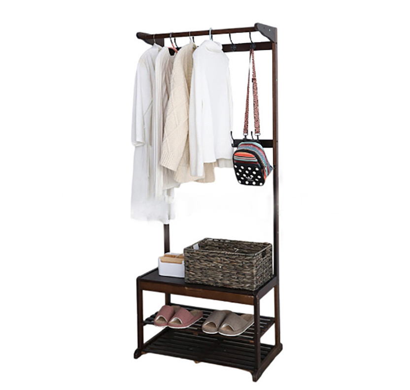 Bamboo Clothes Rack Eco-Friendly Natural Bamboo Coat Hook Rack Wooden Coat Rack With Shoe Stand for Living Room