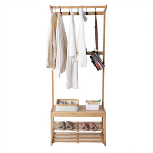 Bamboo Clothes Rack Eco-Friendly Natural Bamboo Coat Hook Rack Wooden Coat Rack With Shoe Stand for Living Room