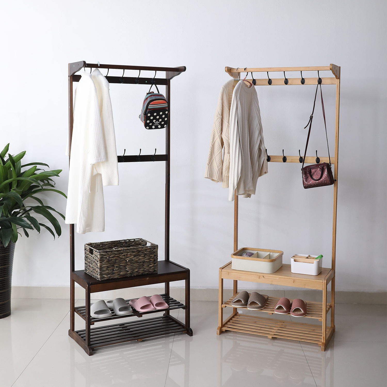 Bamboo Clothes Rack Eco-Friendly Natural Bamboo Coat Hook Rack Wooden Coat Rack With Shoe Stand for Living Room