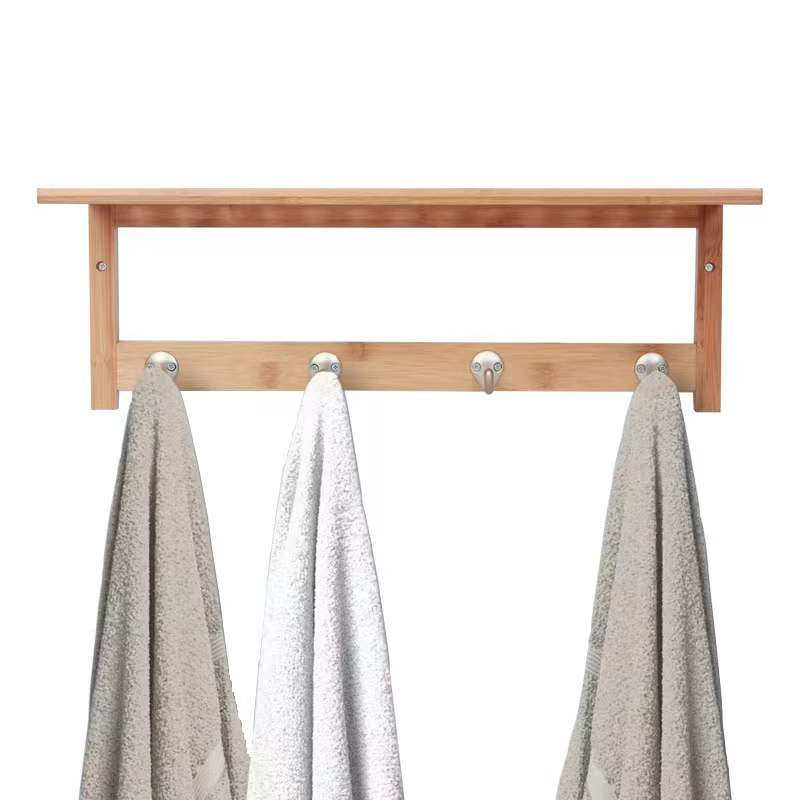 Wall-Mounted Coat Hooks with Shelf Bamboo Entryway Coat Rack Hanging Shelf with 4 Hooks