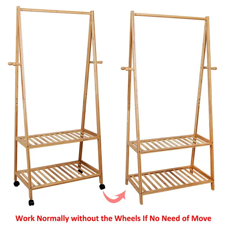 Factory Wholesale Bamboo Clothes Rack 2 Tiers Storage Shoe Shelf Rack Portable Extra Large Garment Rack