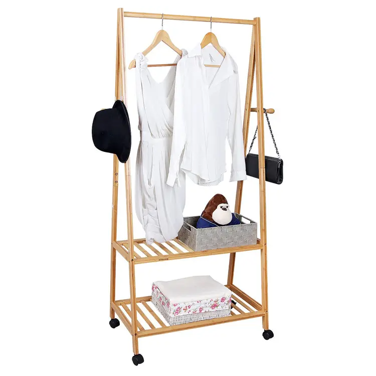 Factory Wholesale Bamboo Clothes Rack 2 Tiers Storage Shoe Shelf Rack Portable Extra Large Garment Rack