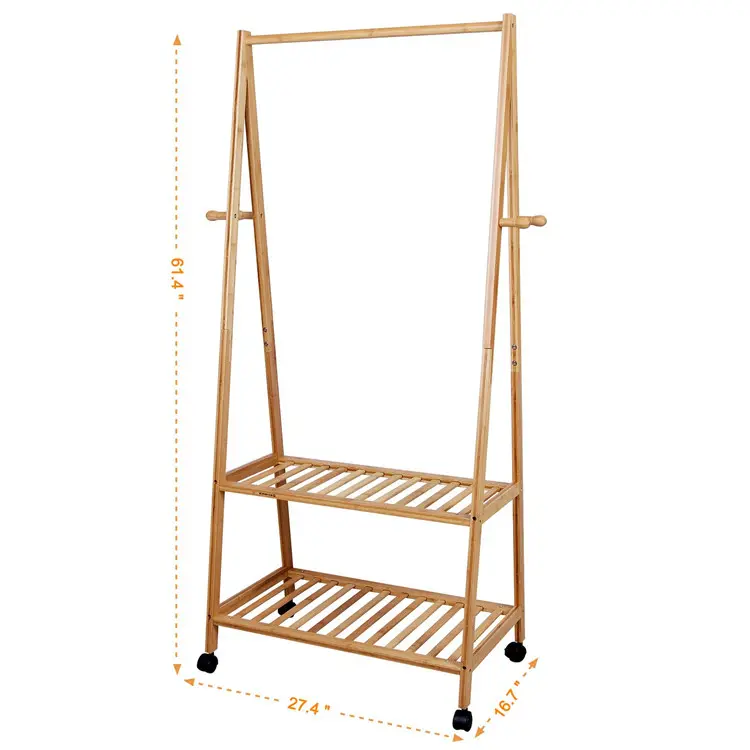 Factory Wholesale Bamboo Clothes Rack 2 Tiers Storage Shoe Shelf Rack Portable Extra Large Garment Rack