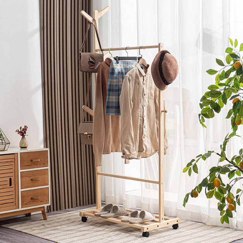 Factory Direct Sales Two Shelf Shoe Rack Wheeled Bamboo Clothing Rack/Clothes Standing Coat Rack