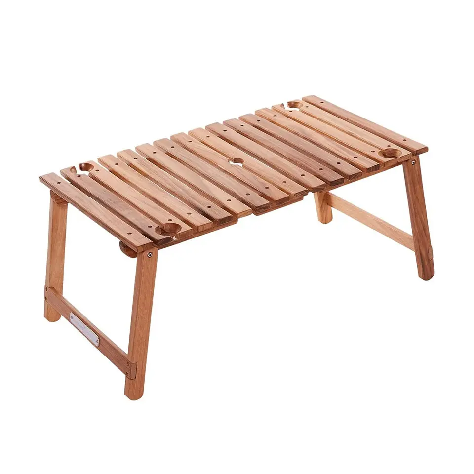 Outdoor Folding Bamboo Wood Table Camping Picnic Table with 4 Wine Glass Holders and Center Umbrella Hole