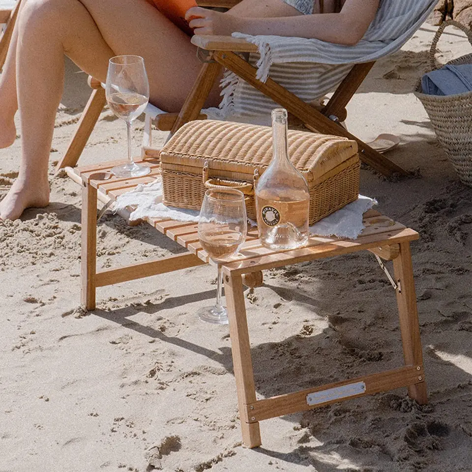 Outdoor Folding Bamboo Wood Table Camping Picnic Table with 4 Wine Glass Holders and Center Umbrella Hole