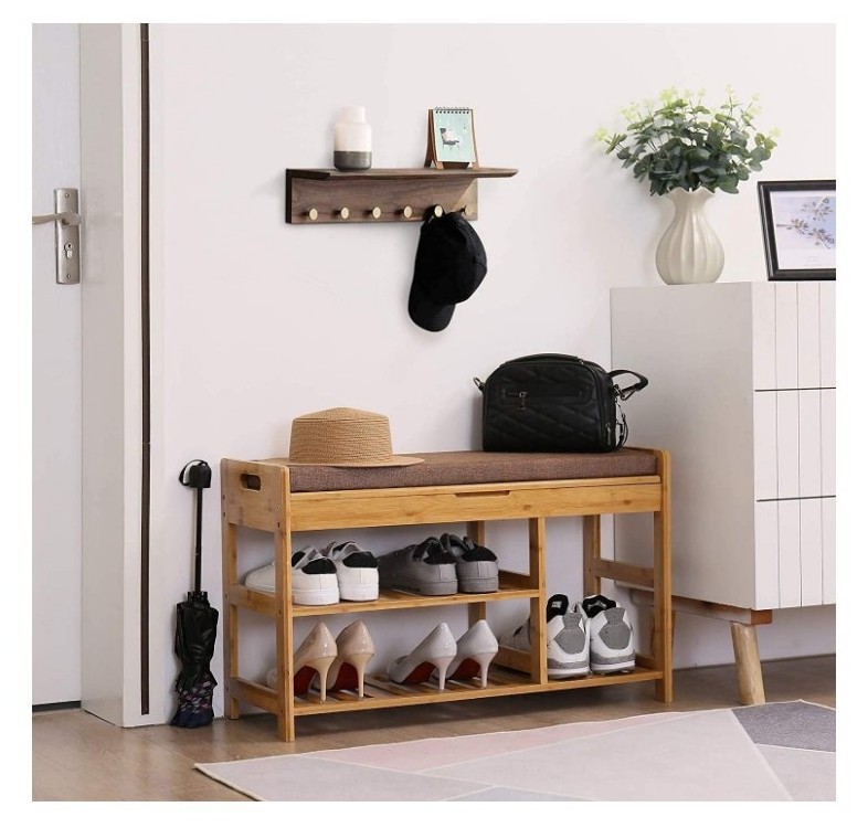 3 Tier Shoe Rack Bench Bamboo Wooden Shoe Rack Cabinet With Large Storage Drawer for Bedroom Entryway