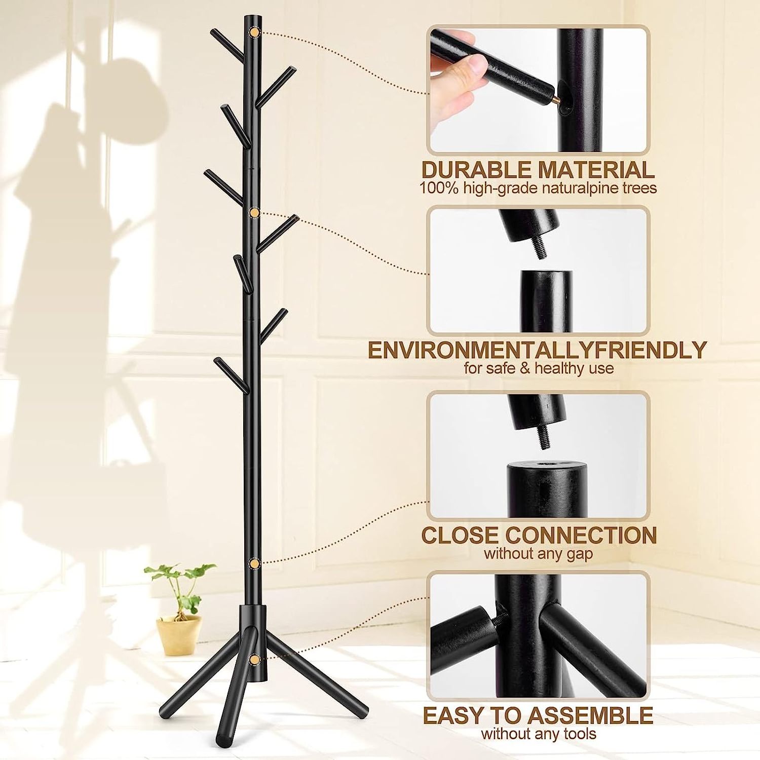 Bamboo Wooden Coat rack Hanger Stand Easy Assembly Space Saving Multi Function Coat Tree Rack