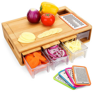 Multi-Functional Kitchen Bamboo Chopping Block Cutting Board With 4 Draw Tray And 4 Vegetable Grater