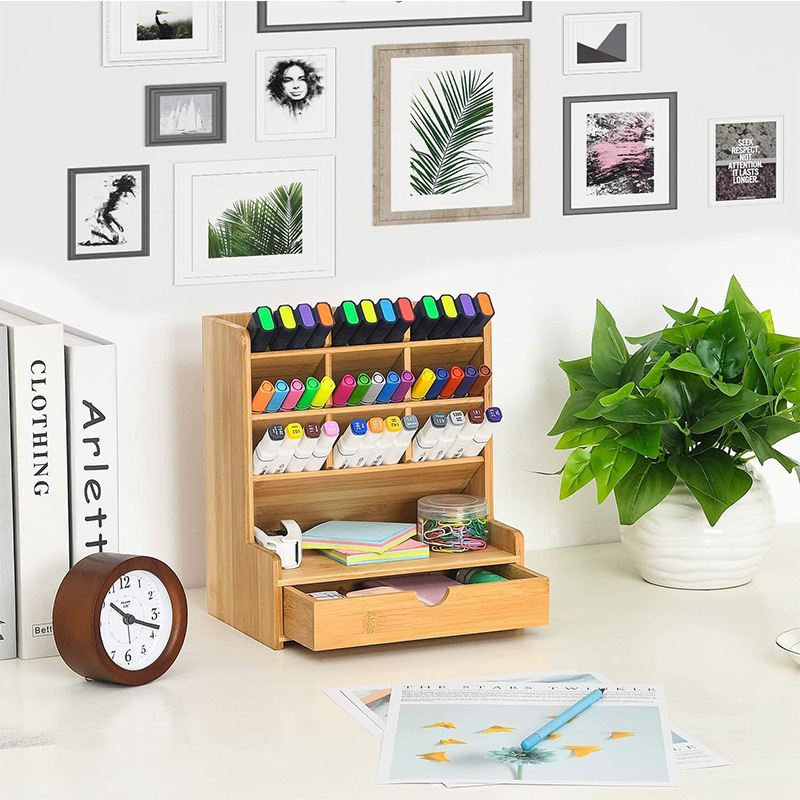 Multi-Functional Bamboo Desk Pencil Organizer with 9 Compartments and Drawer for Art Supply Organizer