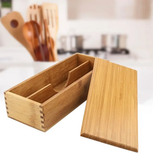 Portable Bamboo Tableware Storage Box Kitchen Utensil Drawer Organizer Bamboo Wooden Cutlery Box with Lid