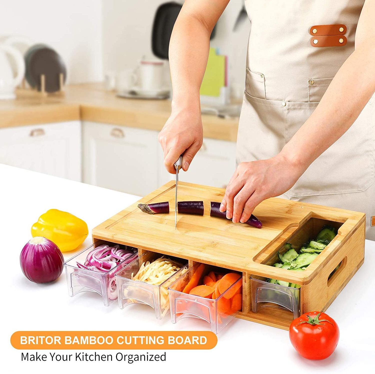 Multi-Functional Kitchen Bamboo Chopping Block Cutting Board With 4 Draw Tray And 4 Vegetable Grater