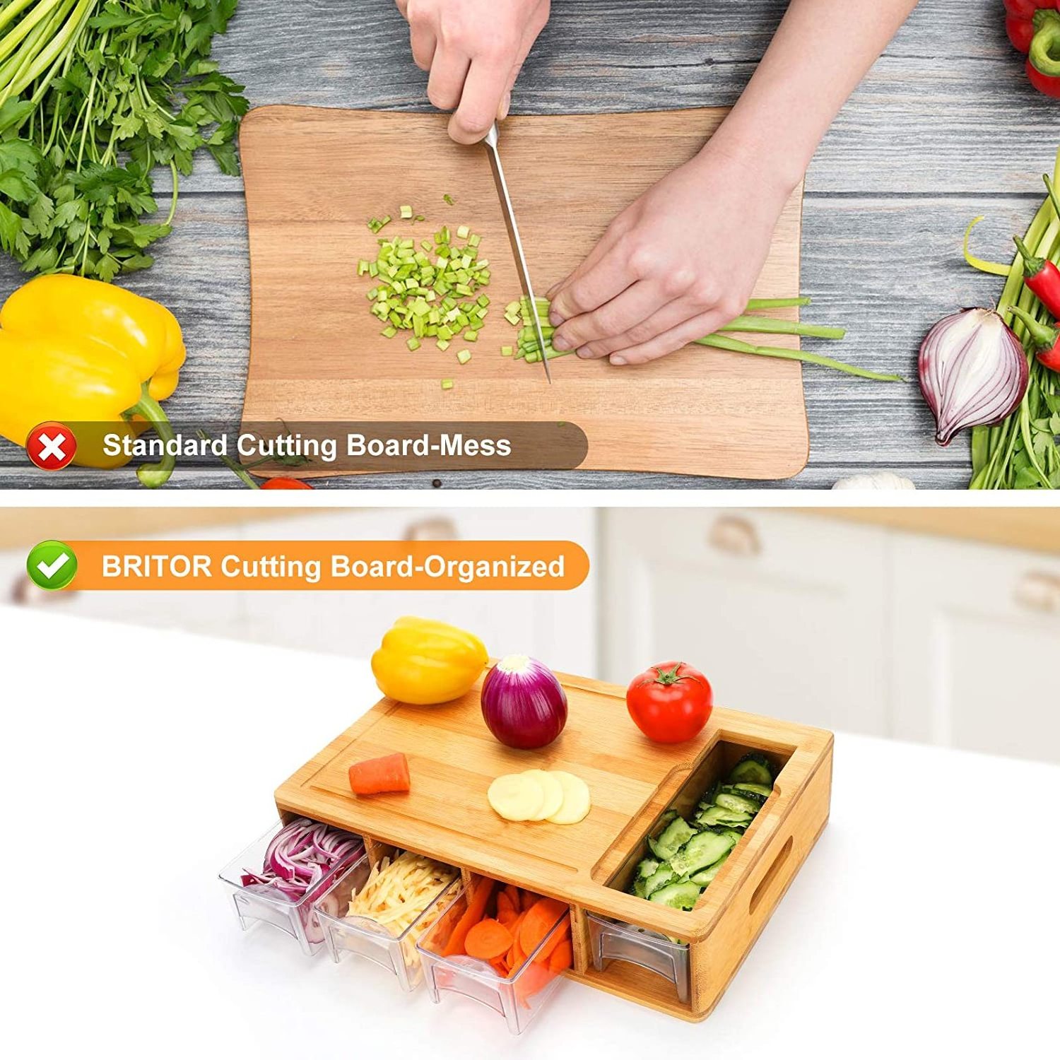 Multi-Functional Kitchen Bamboo Chopping Block Cutting Board With 4 Draw Tray And 4 Vegetable Grater