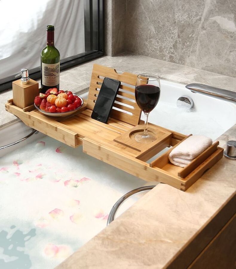 Luxury Custom Bamboo Bathtub Trays Modern Shower Caddy Bathtub Caddy