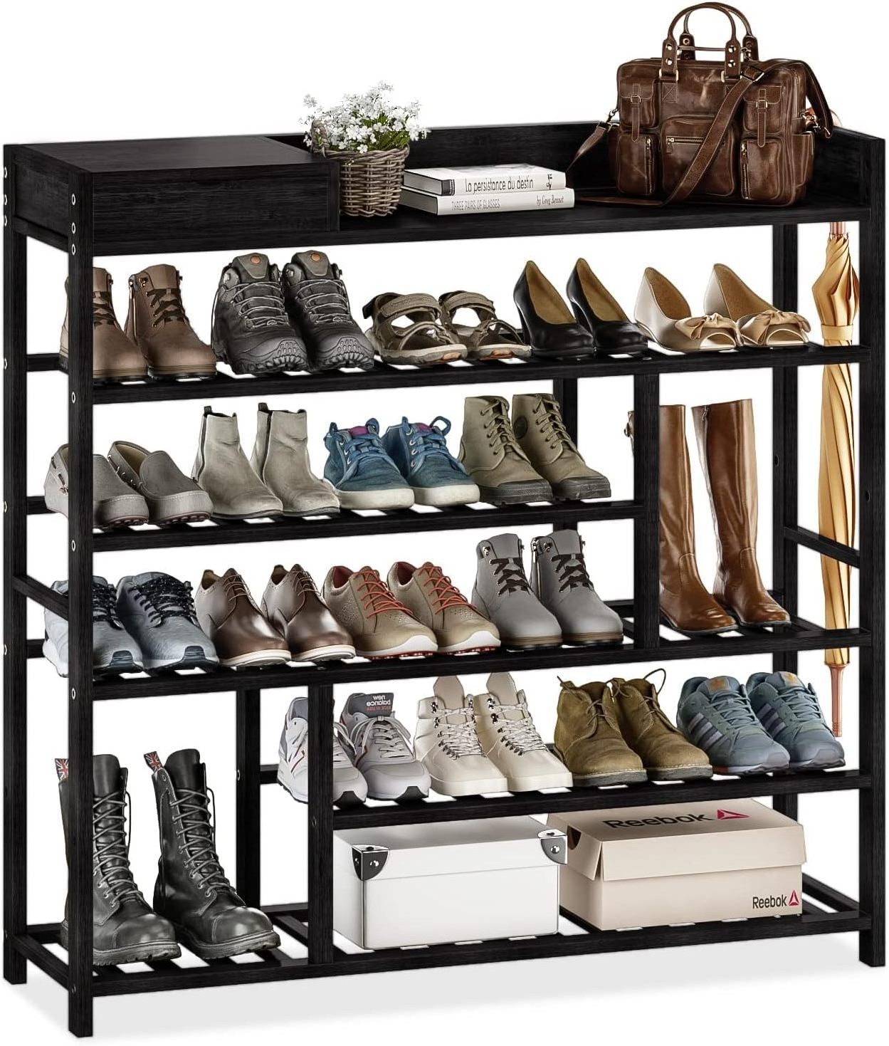 Large Shoe Rack Organizer 6-Tier Bamboo Wood Shoe Shelf Large Shoe Organizer With Storage Box