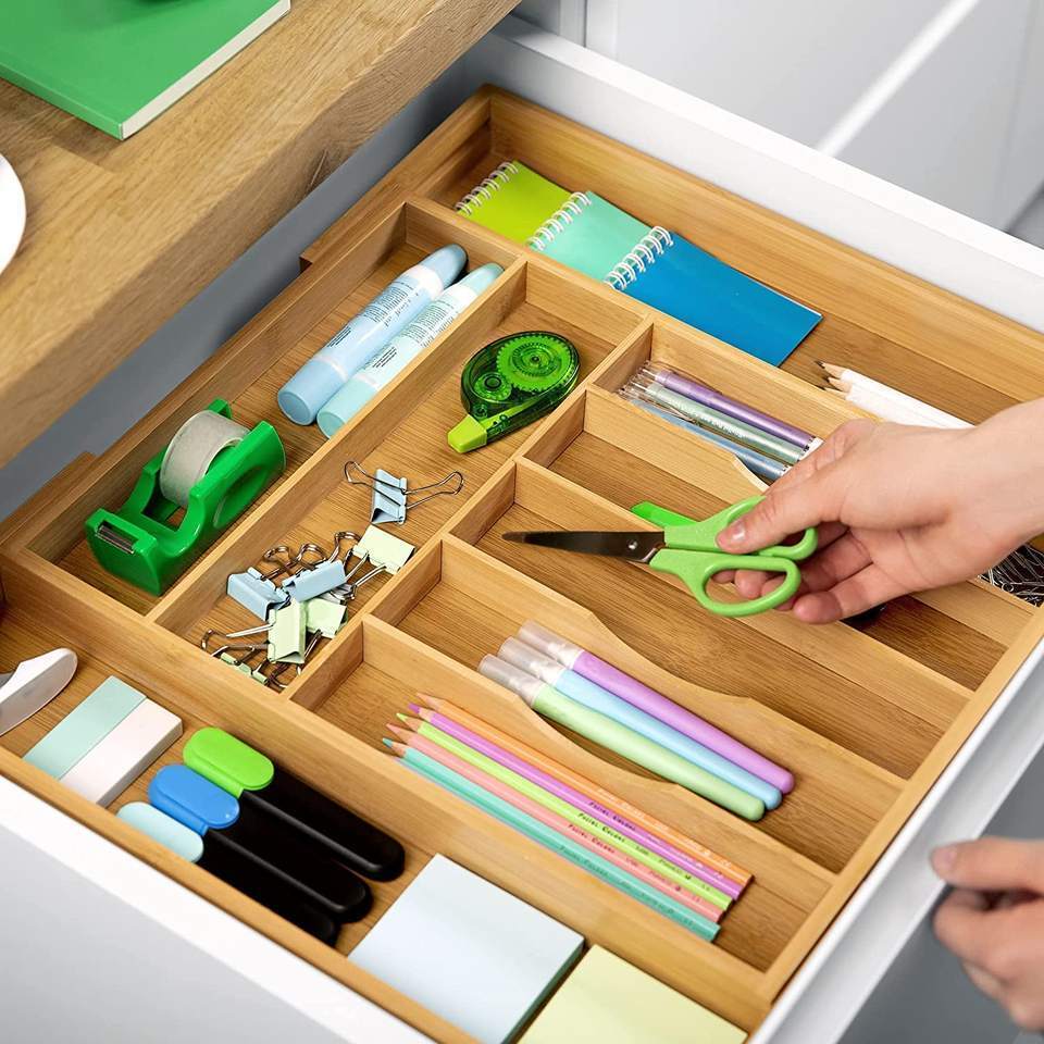 Bamboo Expandable Drawer Organizer for Utensils Holder Adjustable Cutlery Tray Wooden Drawer Dividers Organizer