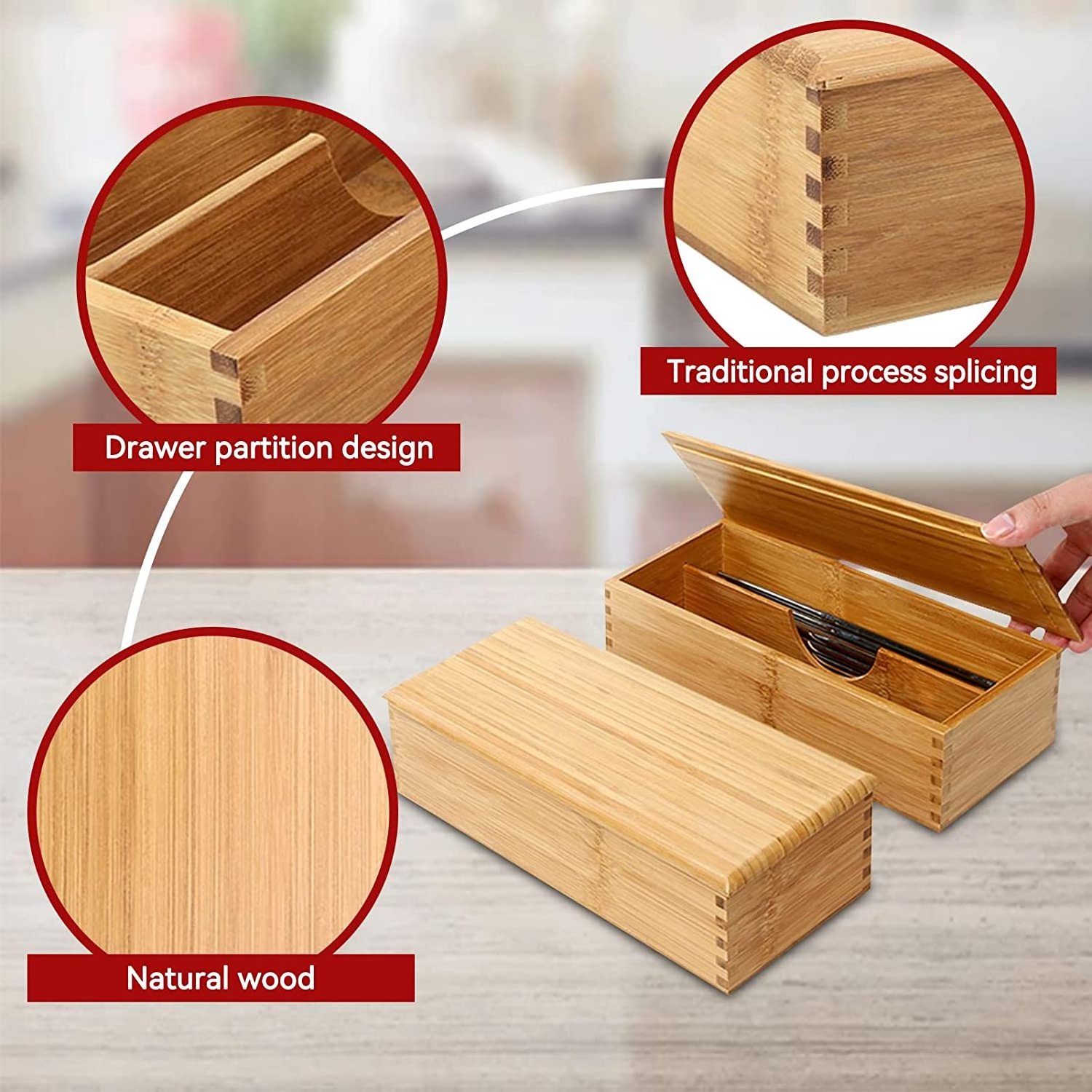 Small Drawer Organizer Kitchen Bamboo Cutlery Organizer Utensil Storage Box Container Bamboo Wooden Cutlery Box with Lid