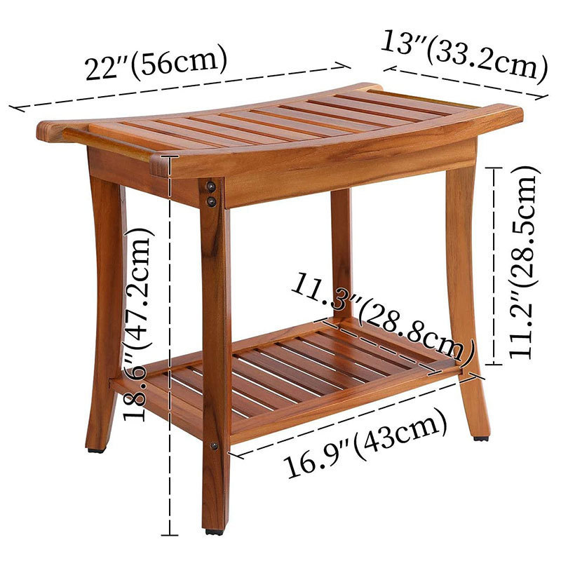 Teak Waterproof Wooden Shower Chair Spa Bath Seat Stool Bench with Storage Shelf