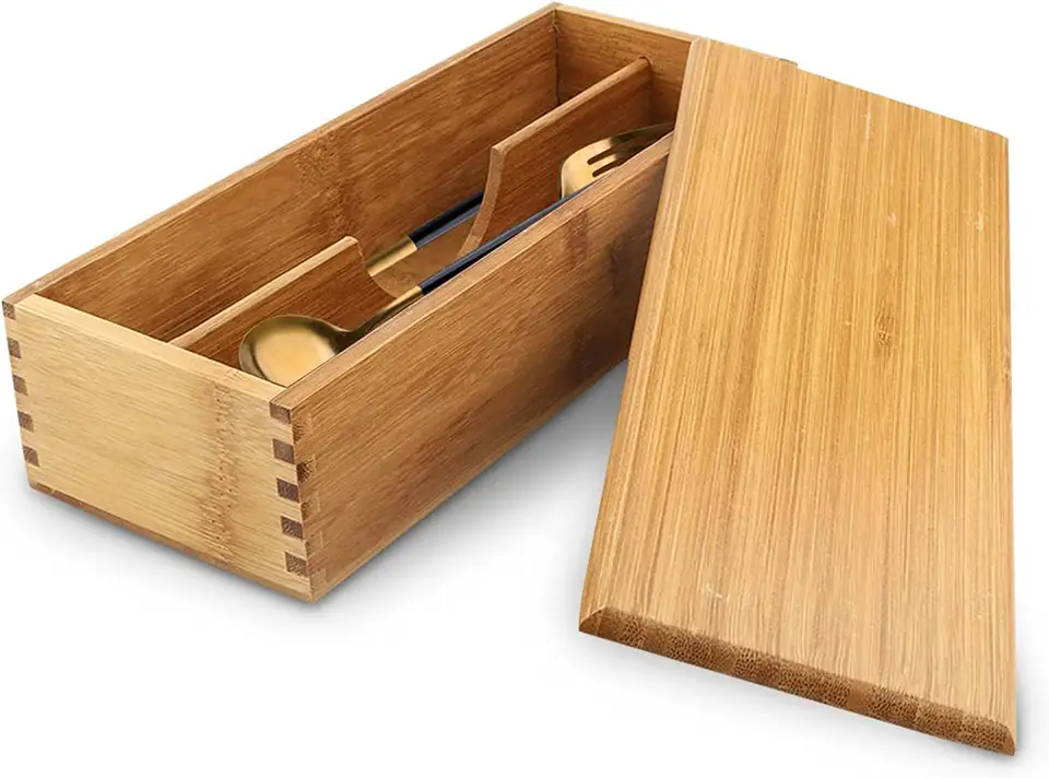 Portable Bamboo Tableware Storage Box Kitchen Utensil Drawer Organizer Bamboo Wooden Cutlery Box with Lid