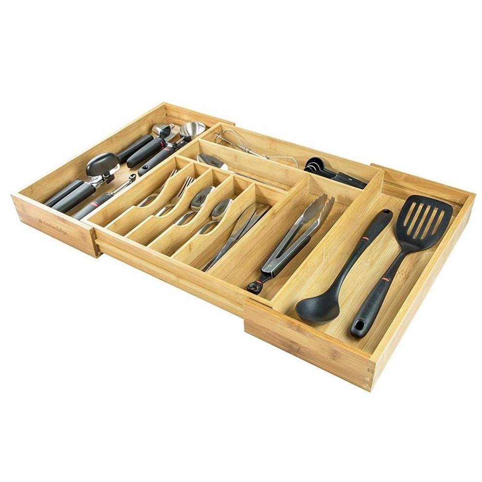 Bamboo Expandable Cutlery Tray and Utensil Organiser for Kitchen Drawers