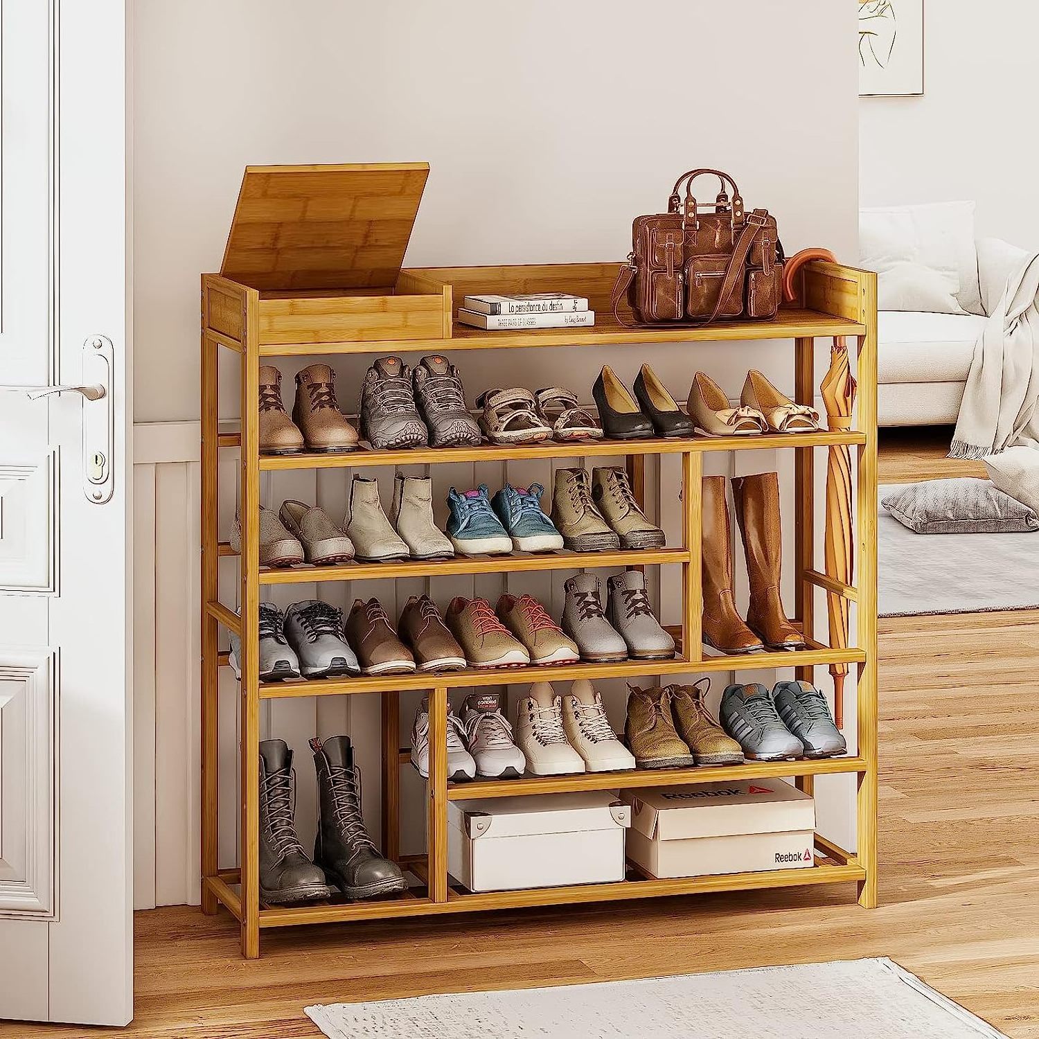 Large Shoe Rack Organizer 6-Tier Bamboo Wood Shoe Shelf Large Shoe Organizer With Storage Box