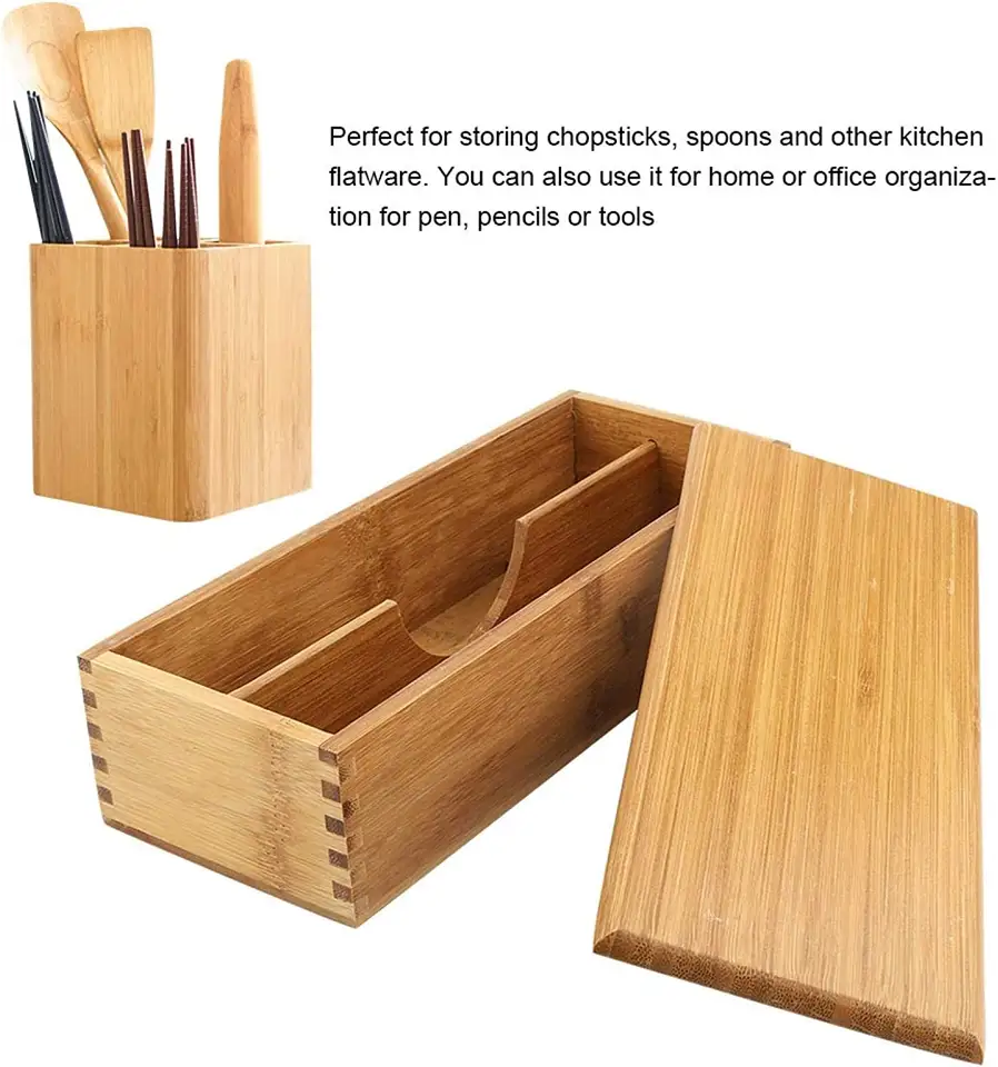 Portable Bamboo Tableware Storage Box Kitchen Utensil Drawer Organizer Bamboo Wooden Cutlery Box with Lid