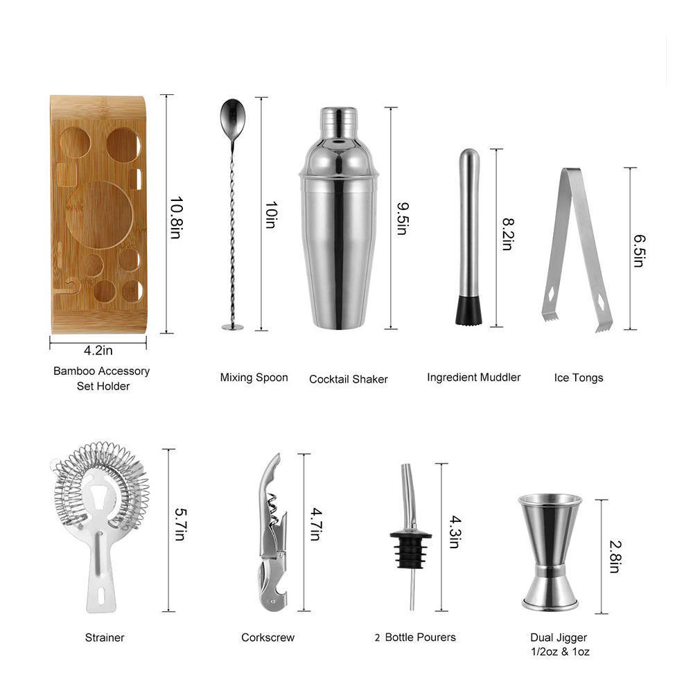 Factory Customized Stainless Steel Cocktail Shaker Martini Boston Shaker Bartender Kit With bamboo Holder