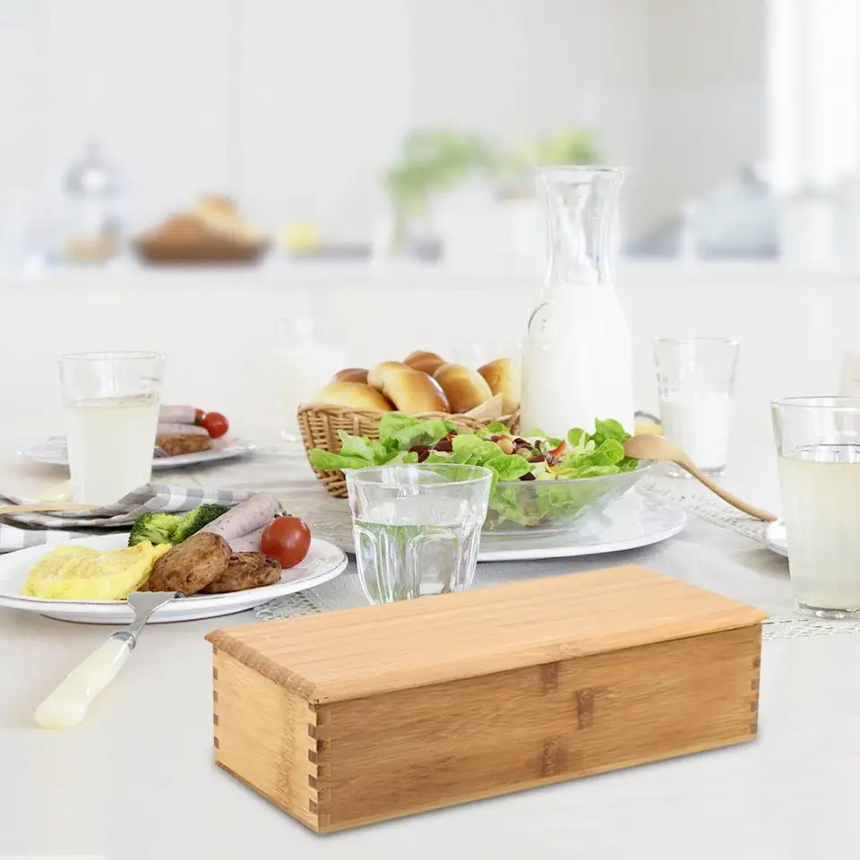 Portable Bamboo Tableware Storage Box Kitchen Utensil Drawer Organizer Bamboo Wooden Cutlery Box with Lid