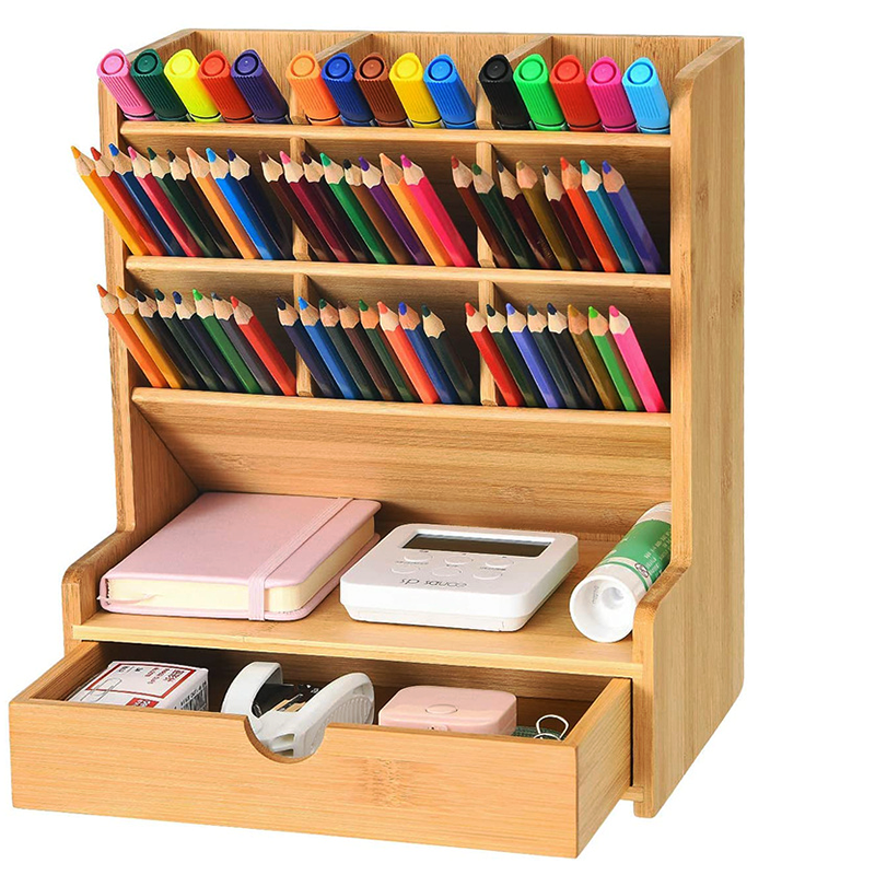 Multi-Functional Bamboo Desk Pencil Organizer with 9 Compartments and Drawer for Art Supply Organizer