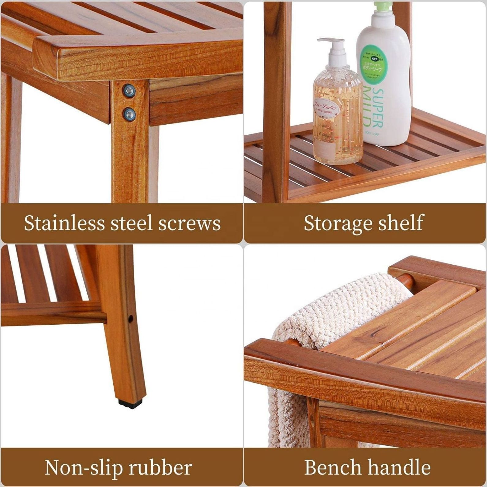 Teak Waterproof Wooden Shower Chair Spa Bath Seat Stool Bench with Storage Shelf