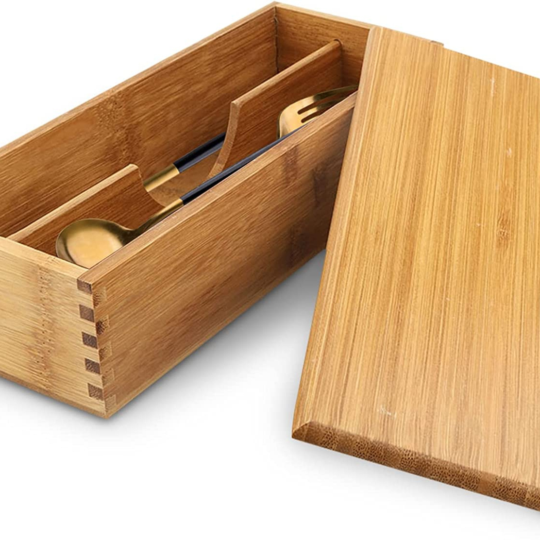 Small Drawer Organizer Kitchen Bamboo Cutlery Organizer Utensil Storage Box Container Bamboo Wooden Cutlery Box with Lid