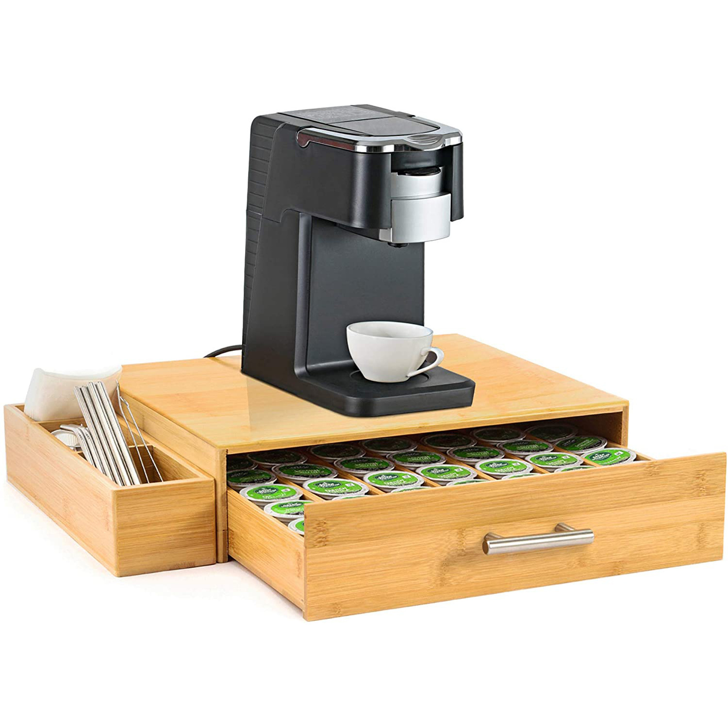 2022 Bamboo Coffee Pod Holder Storage Organizer with Drawer and Side Storage Box for Keurig Cup Pods,Tea Storage and Espresso Po