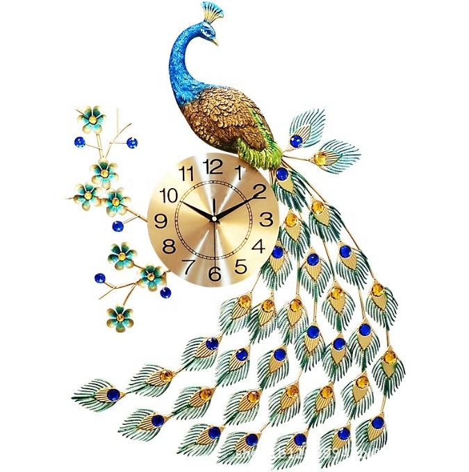 Oversized 3D Resin High Quality Home Decor Peacock Luxury Clock Decor Big 3D Antique Style Peacock Fancy Gold Wall Clocks