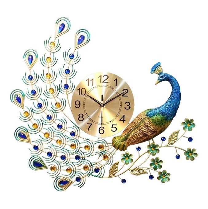 Oversized 3D Resin High Quality Home Decor Peacock Luxury Clock Decor Big 3D Antique Style Peacock Fancy Gold Wall Clocks