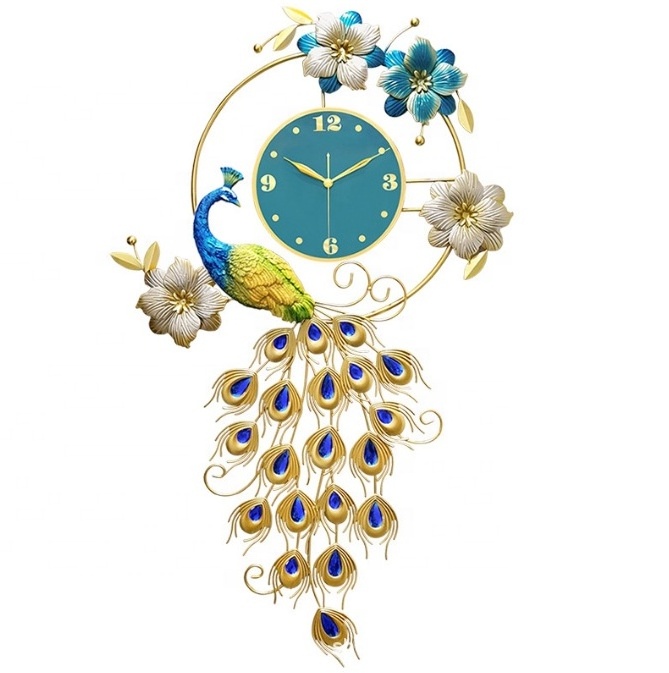 Oversized 3D Resin High Quality Home Decor Peacock Luxury Clock Decor Big 3D Antique Style Peacock Fancy Gold Wall Clocks