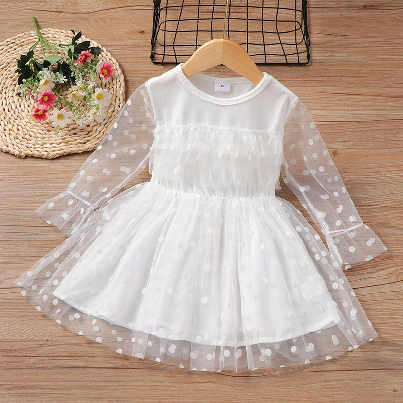 Toddler girl boutique clothes new polka dot printed mesh long sleeve princess skirt baby lace tutu dress