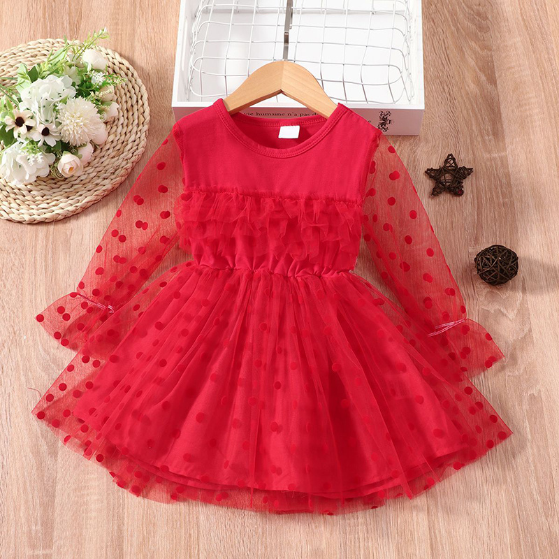 Toddler girl boutique clothes new polka dot printed mesh long sleeve princess skirt baby lace tutu dress