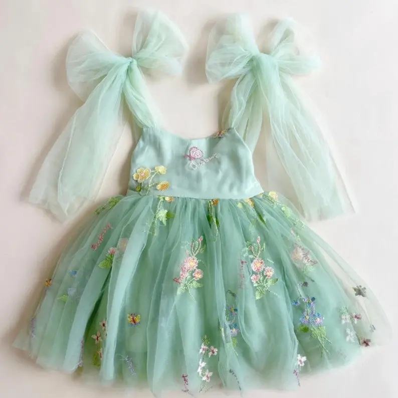 2023 New summer custom floral embroidered tulle kids party wear sweet girl romper dress tutu dresses