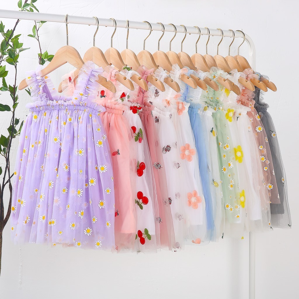 RTS New Arrival summer clothes baby girls daisy floral embroidery sleeveless strap mesh embroidery princess tulle dress