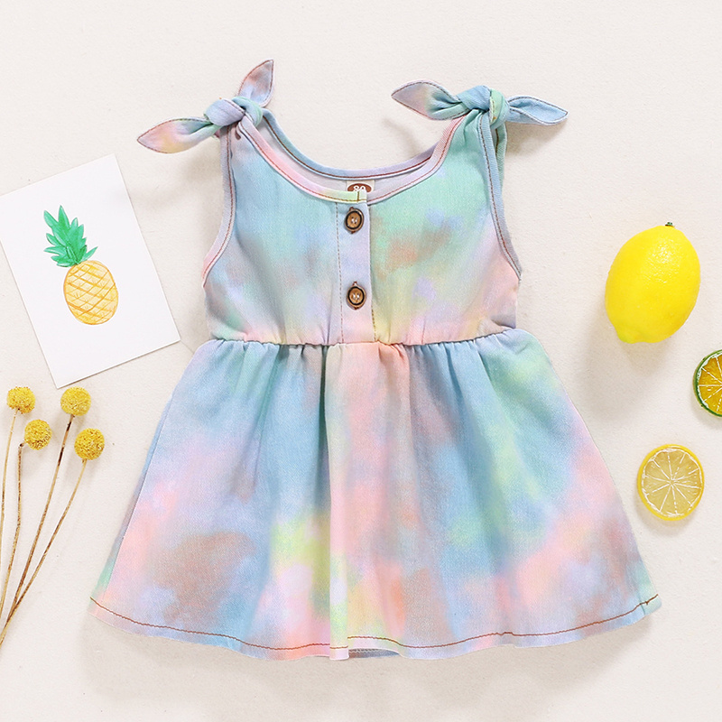 Wholesale Summer Newborn Infant Toddler Clothes Princess Leisure Birthday Party Baby Girls Tie dye Denim Dress