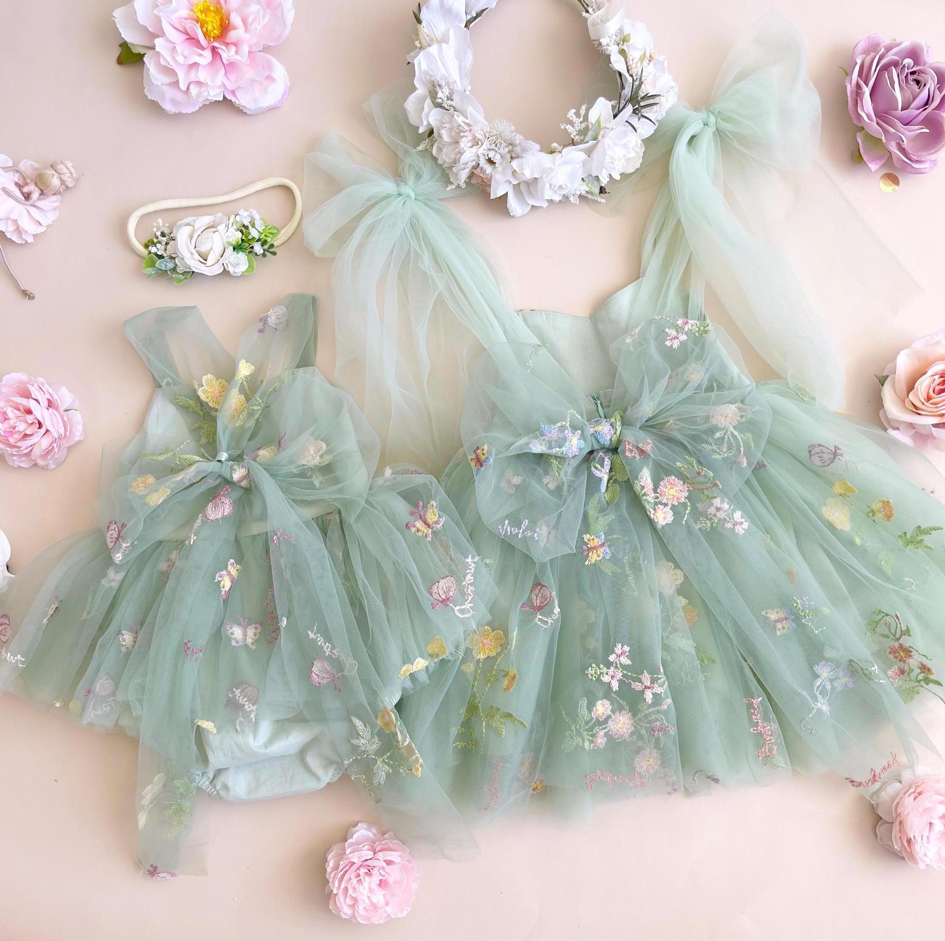 2023 New summer custom floral embroidered tulle kids party wear sweet girl romper dress tutu dresses