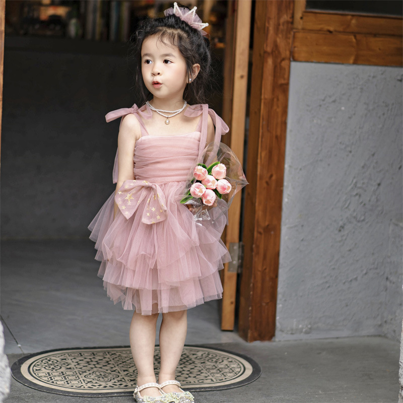 In Stock Summer Baby Girl Lolita Bow Dress Sleeveless Strap Tulle Dress Infant Birthday Party Princess Dresses