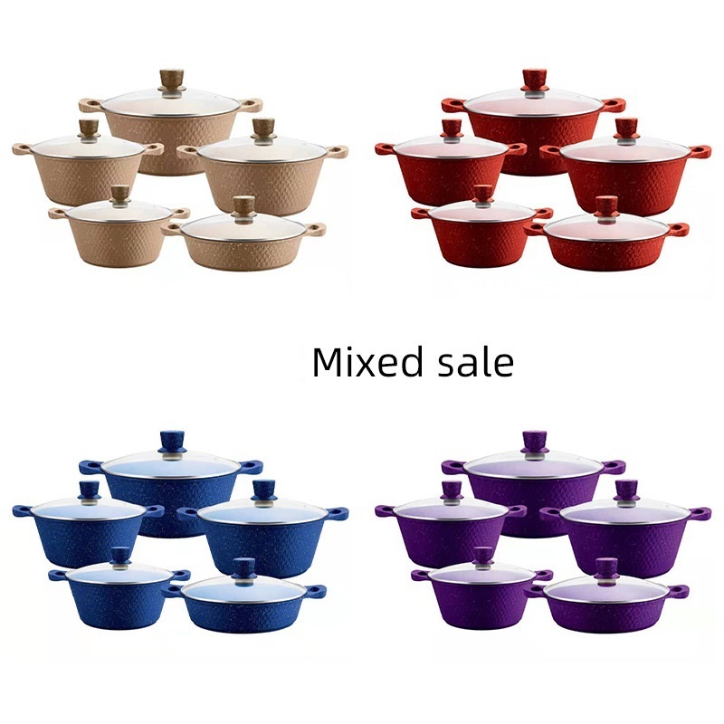 10PCS Kitchen Aluminum Cooking Soup Pot Marble Medical Stone Die-Casting Soup Pot Cookware Set