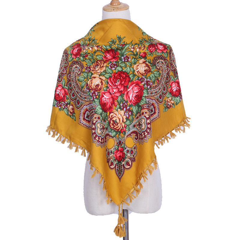 Autumn winter Russian ethnic style cotton scarf vintage print turban women's new square fringed scarf