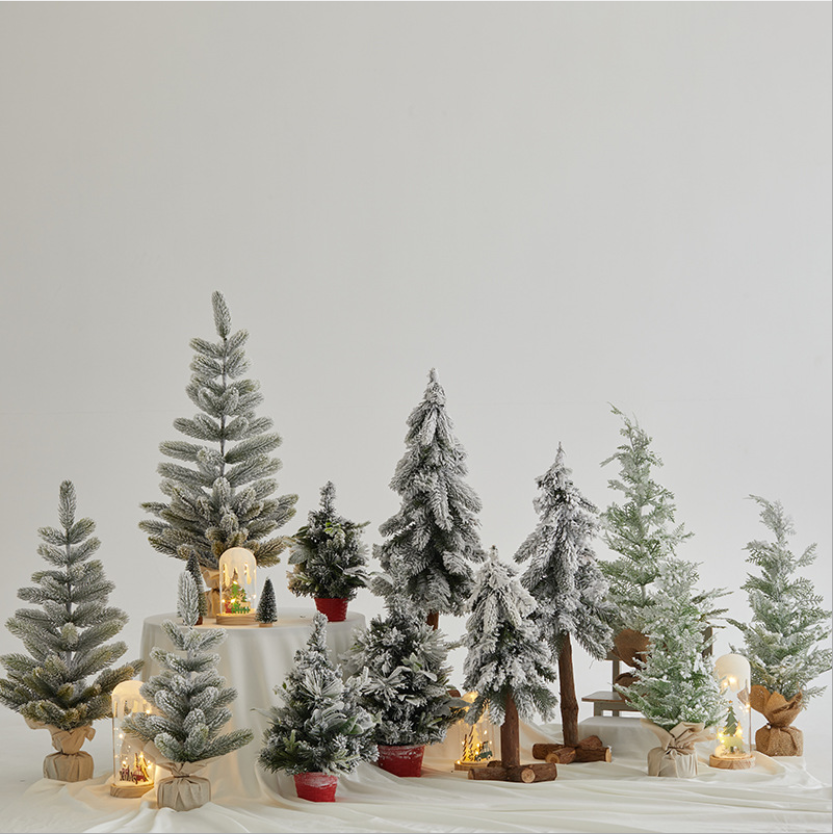 Whole sale PE flocking snow spray desktop small snowed Christmas tree for home table decoration Christmas supplies