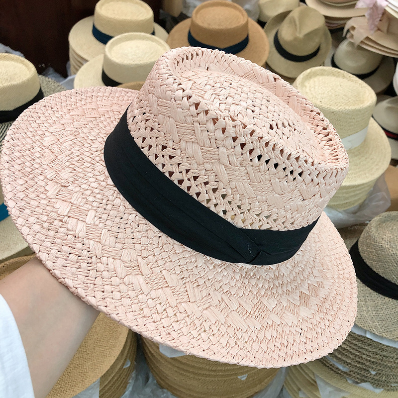 French Style Ins Vacation Flat Large Brim Sunshade Hat Hand-Woven Beach Straw Paper Hats For Women Lady